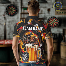 Load image into Gallery viewer, Male dart player wearing Angry Bull Beer personalized dart jersey for competitive play and league tournaments