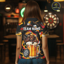Load image into Gallery viewer, Female dart player wearing Angry Bull Beer personalized dart jersey for competitive play