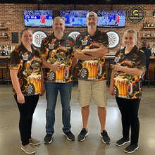 Load image into Gallery viewer, Men women dart team wearing Alligator Beer professional dart jerseys for league and tournament events