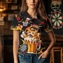 Load image into Gallery viewer, Female dart player wearing Cool Cat Beer dart team uniform at league tournament