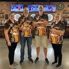 Load image into Gallery viewer, Men women dart team wearing Cool Cat Beer personalized dart jerseys during league competition