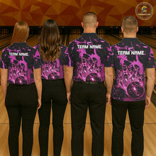 Load image into Gallery viewer, Men women bowling team wearing Black and Pink Galaxy custom bowling uniforms, professional bowling team jerseys