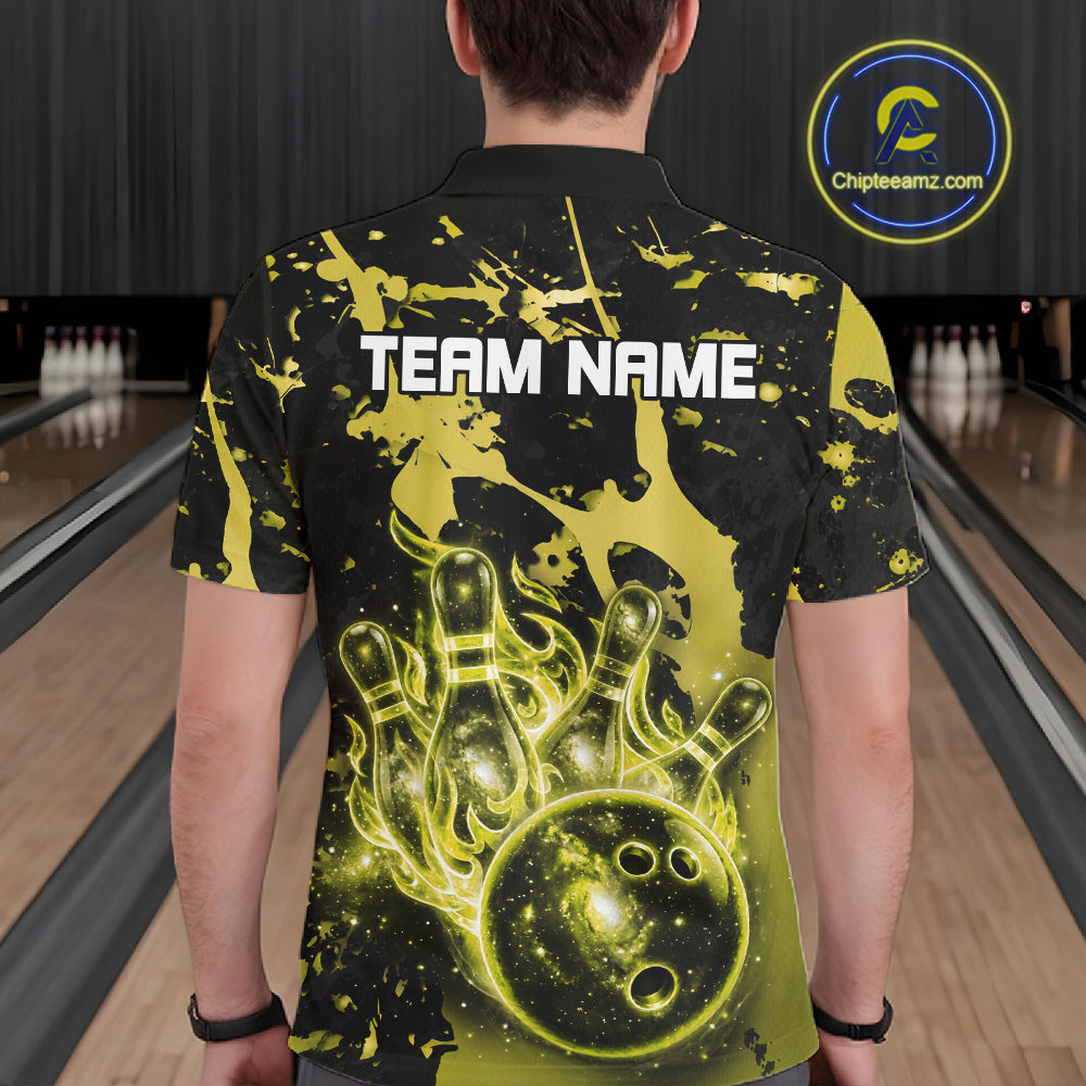 Male bowler wearing Black and Yellow Galaxy bowling jersey in competitive bowling league match