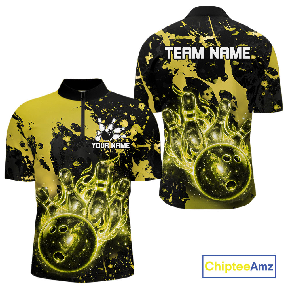 Black and Yellow Galaxy men's quarter zip bowling shirt personalized bowling team apparel, league bowling jersey