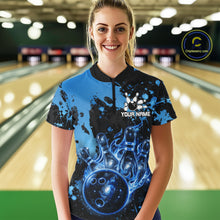 Load image into Gallery viewer, Female bowler wearing Black and Blue Galaxy bowling shirt during professional bowling competition