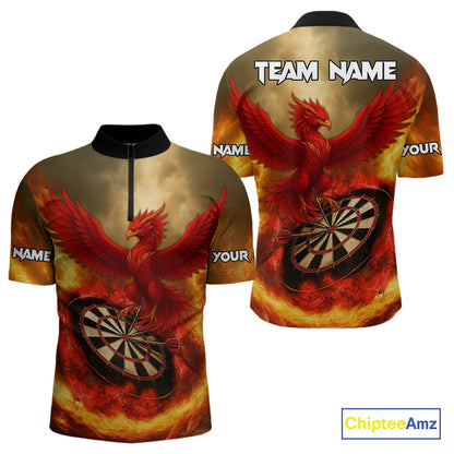 Red Phoenix & Flame Dartboard Men's Darts 1/4-Zip Shirt - Custom Name For Players NYN0765