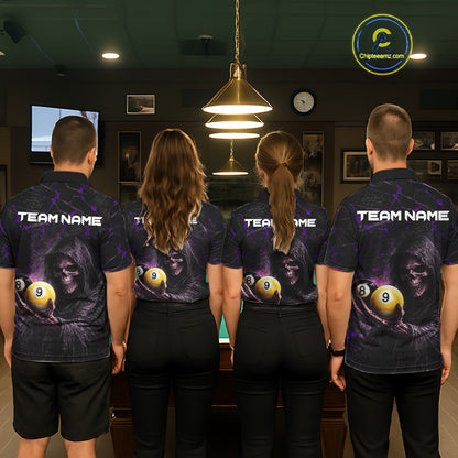 Purple Grunge Grim Reaper Hold 8 Ball & 9 Ball Pool Men Billiard Shirt Custom Billiard Team Attire NYN2702