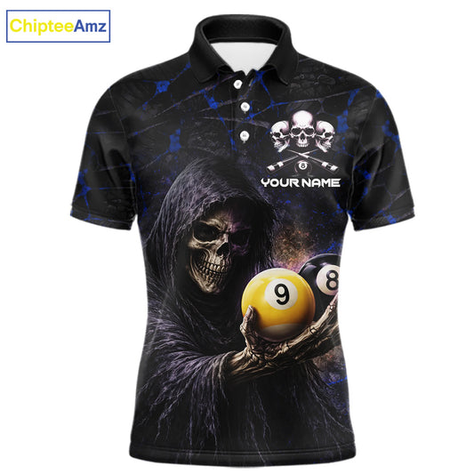 Blue Grunge Grim Reaper Hold 8 Ball & 9 Ball Pool Men Billiard Shirt Custom Billiard Team Attire NYN2703