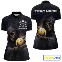 Load image into Gallery viewer, Blue Grunge Grim Reaper Hold 8 Ball &amp; 9 Ball Pool Women Billiard Shirt Custom Billiard Team Attire NYN2703
