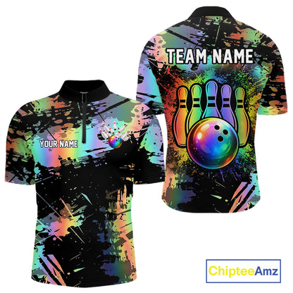 Custom Rainbow Holographic Splatter Bowling Shirts For Men, Colorful Bowling Pin And Ball Jersey NYN3072