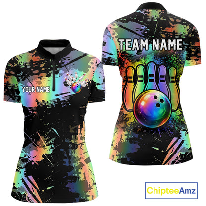 Custom Rainbow Holographic Splatter Bowling Shirts For Women, Colorful Bowling Pin And Ball Jersey NYN3072
