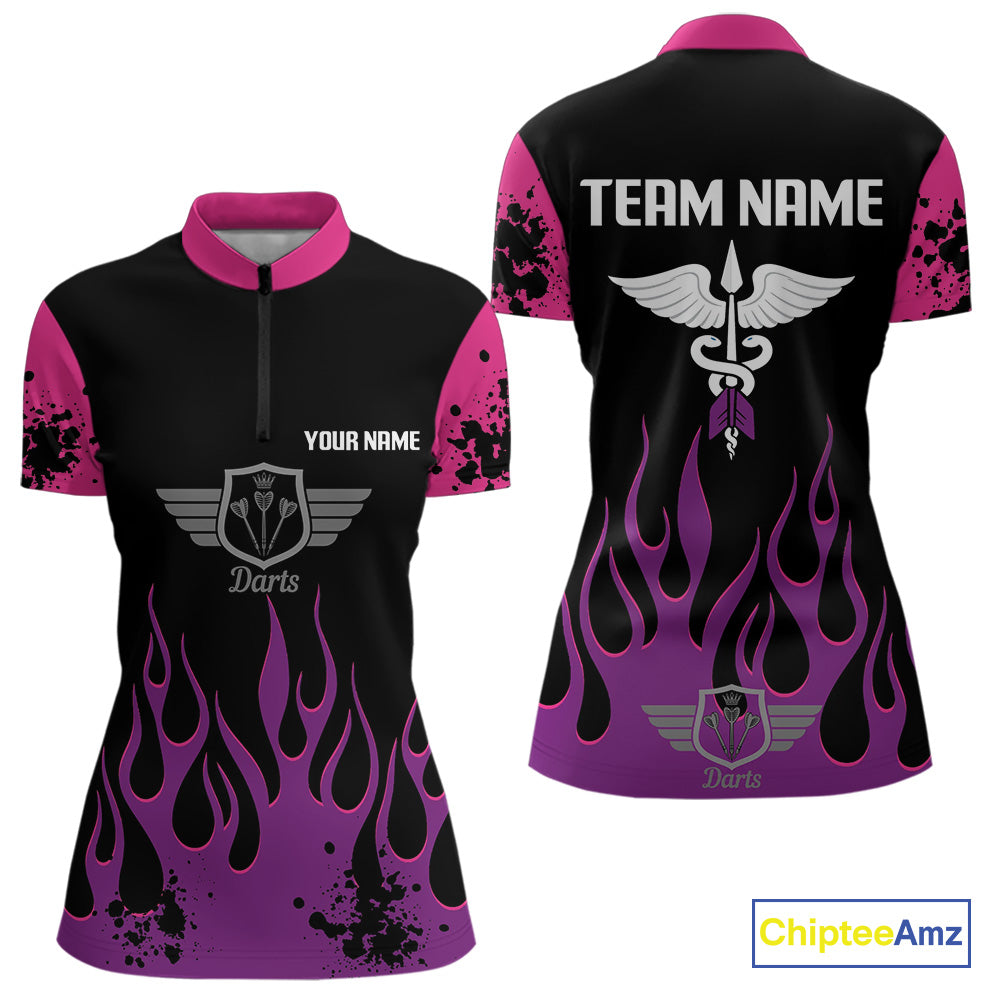 Purple Flaming & Wings Dart Arrow Women's Pink Darts Shirt - Custom Name For Players NYN0565