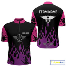 Load image into Gallery viewer, Purple Flaming &amp; Wings Dart Arrow Men's Pink Darts Shirt - Custom Name For Players NYN0565