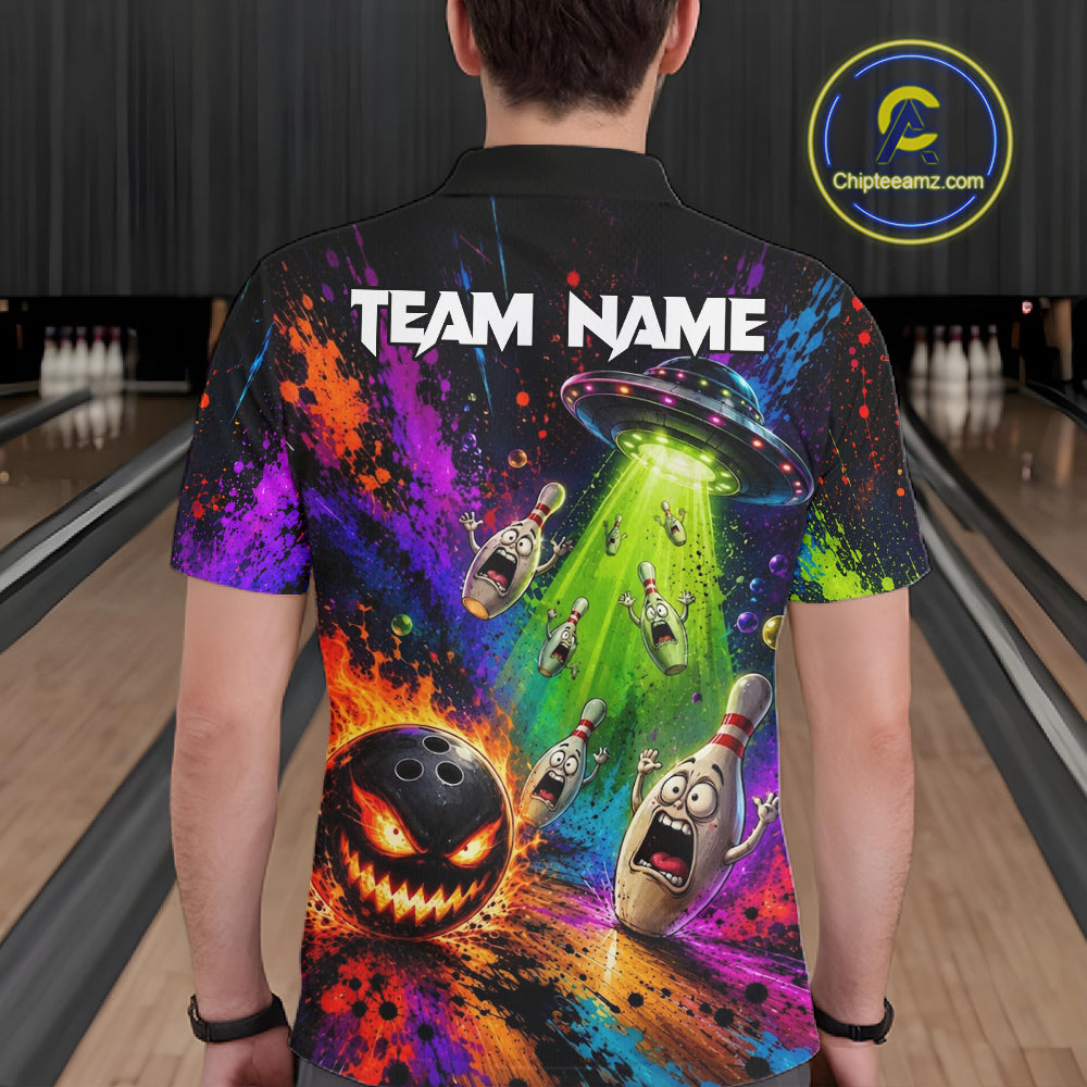 Male bowler wearing UFO Alien bowling shirt featuring space-inspired graphics, esports lifestyle, innovation, curiosity, custom bowling league apparel, modern athletic fashion.