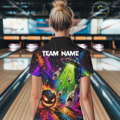 Female bowler modeling Galaxy UFO Alien bowling jersey representing imagination, creativity, exploration, gaming culture, sci-fi fandom, futuristic sportswear, personalized bowling apparel.