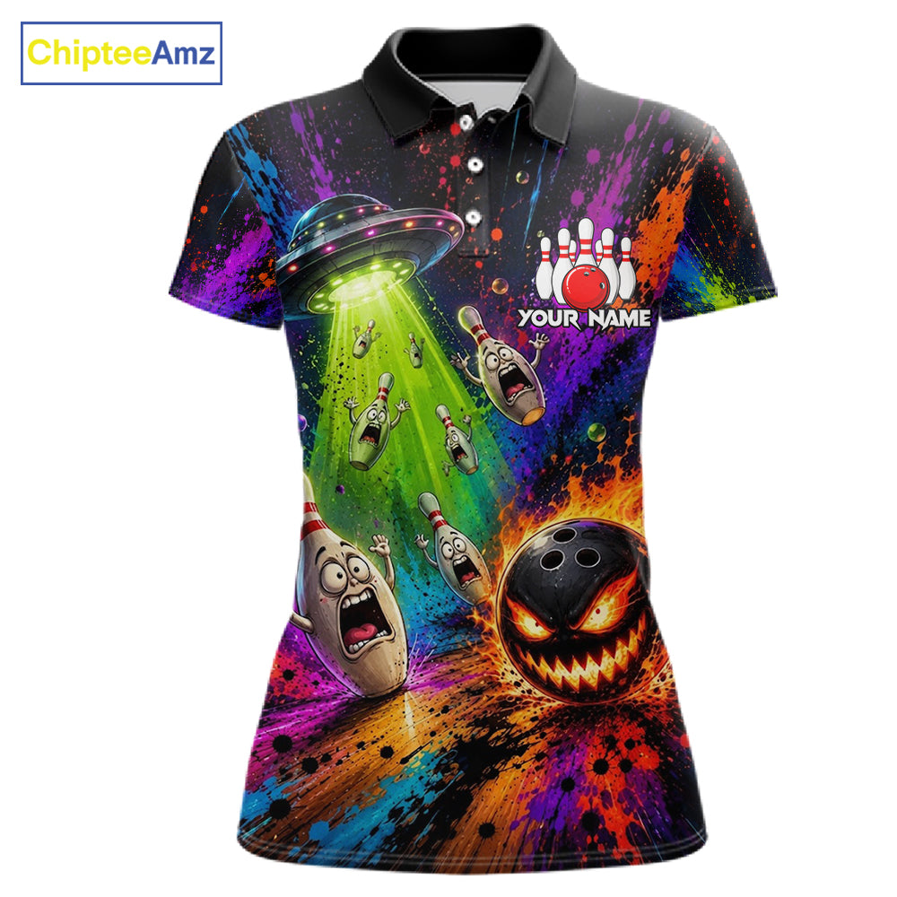 Colorful Splatter UFO Alien Bowling Polo featuring galaxy artwork, alien mascot, personalized bowling team jersey, moisture-wicking performance apparel, gaming-inspired sportswear, sci-fi bowling clothing, esports aesthetic, vibrant splatter art.
