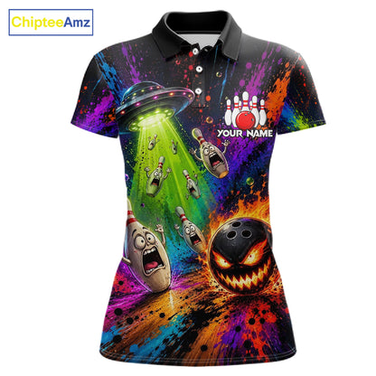Colorful Splatter UFO Alien Bowling Polo featuring galaxy artwork, alien mascot, personalized bowling team jersey, moisture-wicking performance apparel, gaming-inspired sportswear, sci-fi bowling clothing, esports aesthetic, vibrant splatter art.