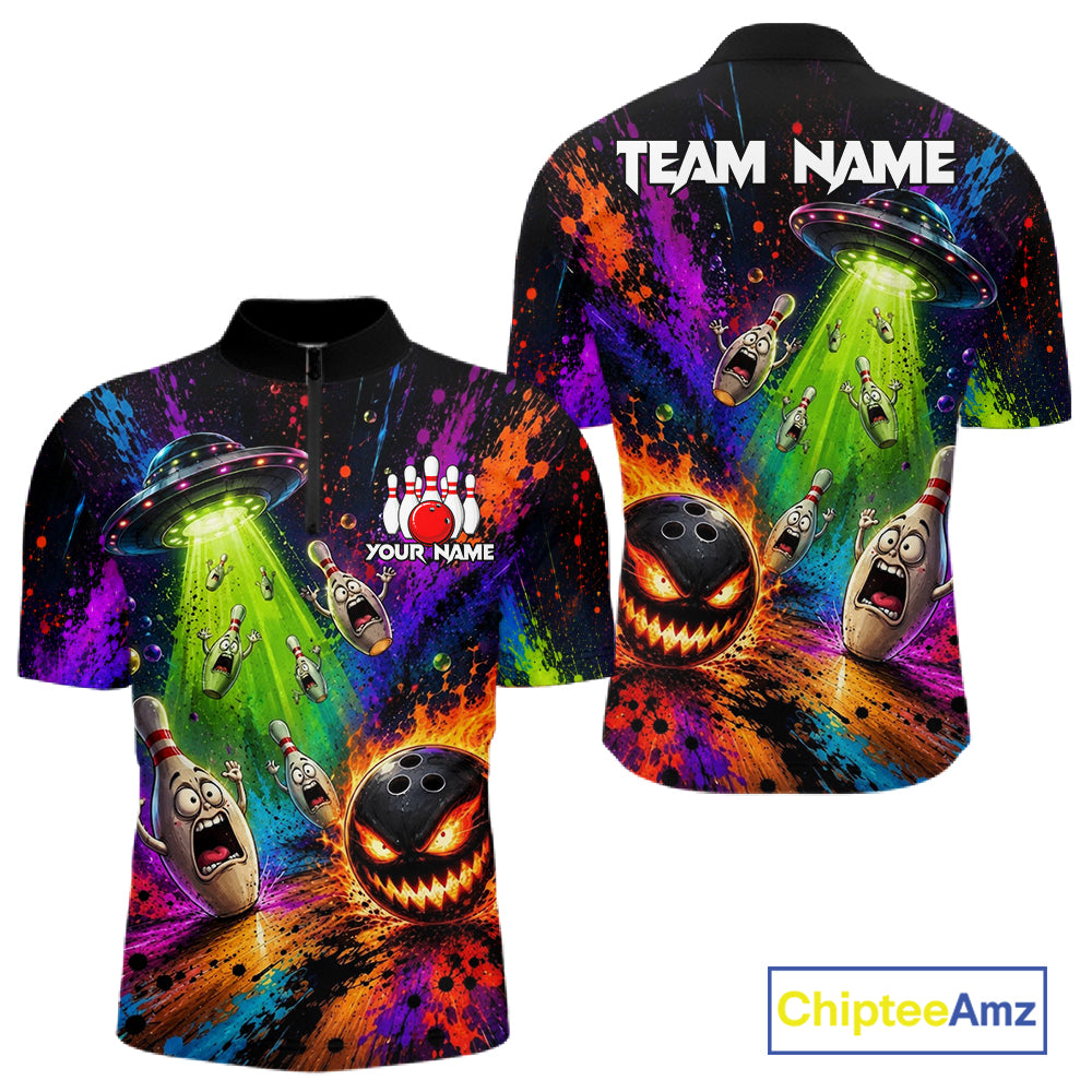 Galaxy UFO Alien Quarter-Zip Bowling Jersey featuring personalized player name, custom tournament apparel, breathable athletic sportswear, cosmic theme, esports-inspired clothing.