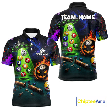 Galaxy UFO Alien Billiard Polo with personalized player name, cosmic artwork, UFO graphics, custom tournament jersey, gaming culture apparel, cue sports performance clothing