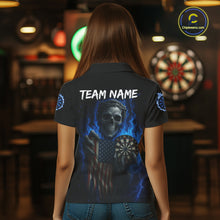 Load image into Gallery viewer, Custom Blue Flames Skeleton USA Flag Dart Women Polo Jerseys Patriotic Dart Team Shirt NYN1698