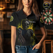 Load image into Gallery viewer, Custom Yellow Flames Skeleton USA Flag Dart Women Polo Jerseys Patriotic Dart Team Shirt NYN1700