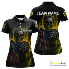 Load image into Gallery viewer, Custom Yellow Flames Skeleton USA Flag Dart Women Polo Jerseys Patriotic Dart Team Shirt NYN1700