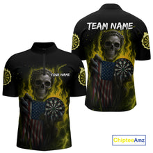 Load image into Gallery viewer, Custom Yellow Flames Skeleton USA Flag Dart Men 1/4-Zip Jerseys Patriotic Dart Team Shirt NYN1700
