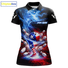 Load image into Gallery viewer, Personalized Fire Flame Texas Flag Tornado Bowling Team Shirts For Women Patriotic Bowling Gifts NYN2722