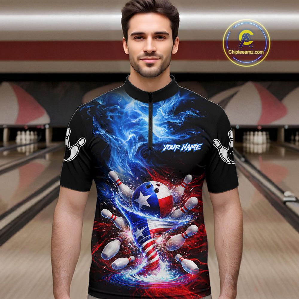 Personalized Fire Flame Texas Flag Tornado Bowling Team Shirts For Men Patriotic Bowling Gifts NYN2722
