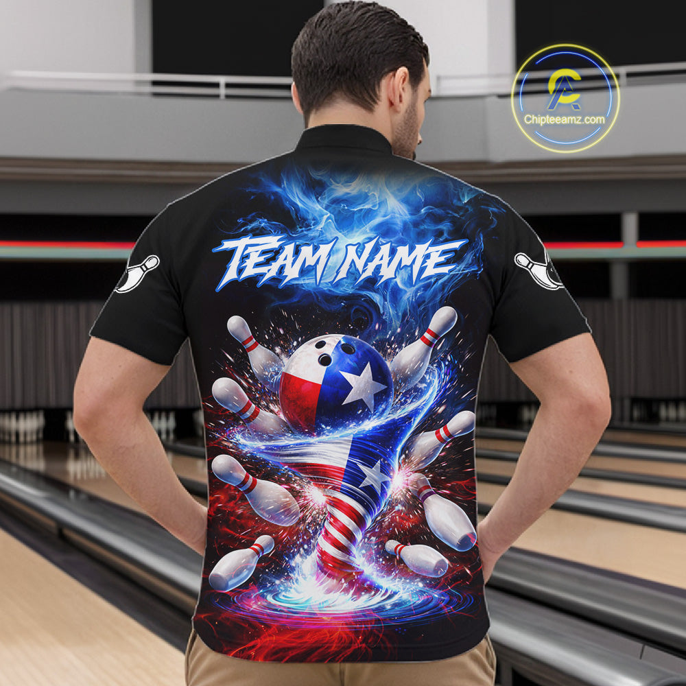 Personalized Fire Flame Texas Flag Tornado Bowling Team Shirts For Men Patriotic Bowling Gifts NYN2722