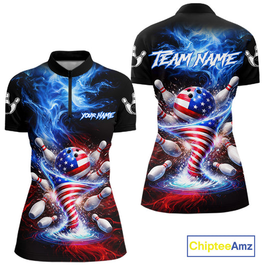 Personalized Fire Flame American Flag Tornado Bowling Team Shirts For Women Patriotic Bowling Gifts NYN2723