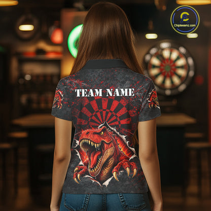 Custom Red Grunge Dart Polo & Quarter Zip Shirt For Women Dinosaur Funny Darts Team Jersey NYN2868