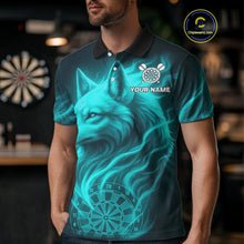 Load image into Gallery viewer, Turquoise Flaming Wolf Dartboard Darts Shirt For Men - Custom Team Jersey For Players NYN0576