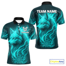 Load image into Gallery viewer, Turquoise Flaming Wolf Dartboard Darts Shirt For Men - Custom Team Jersey For Players NYN0576