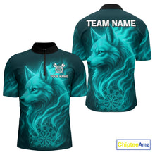Load image into Gallery viewer, Turquoise Flaming Wolf Dartboard Darts Shirt For Men - Custom Team Jersey For Players NYN0576