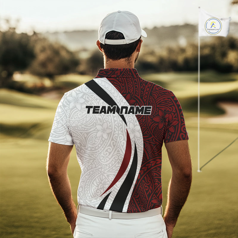 Men's model wearing Tribal Pattern Golf Polo Shirt, personalized golf attire, tribal performance polo, golf club uniform, stylish golf fashion, custom team golf apparel.