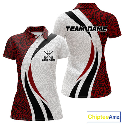 Tribal Pattern Women's Golf Polo Shirt mockup in black, red and white featuring geometric tribal design, personalized women's golf apparel, custom golf team shirt, breathable performance golf polo, modern golf tournament clothing.