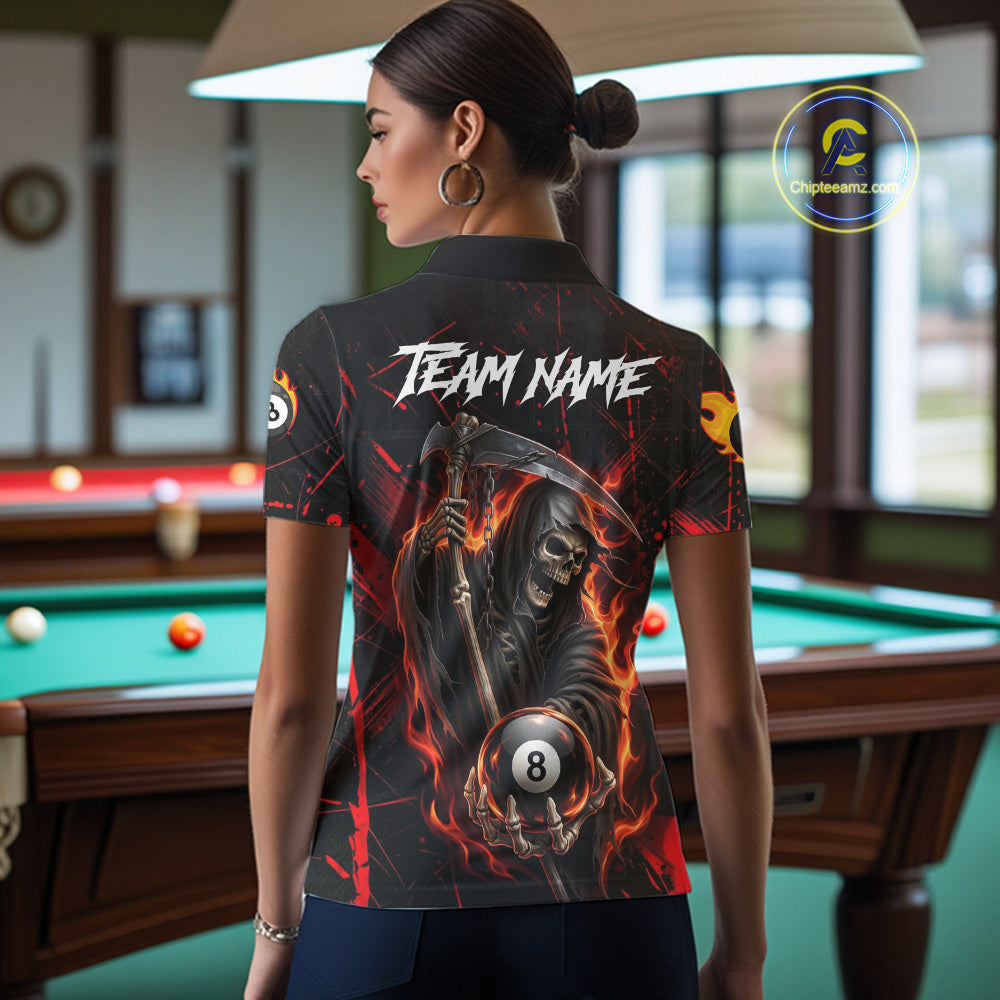 Fire Flame 8 Ball Pool Women Billiard Shirt Custom Red Grunge Grim Reaper Billiard Jersey For Pooler NYN3087
