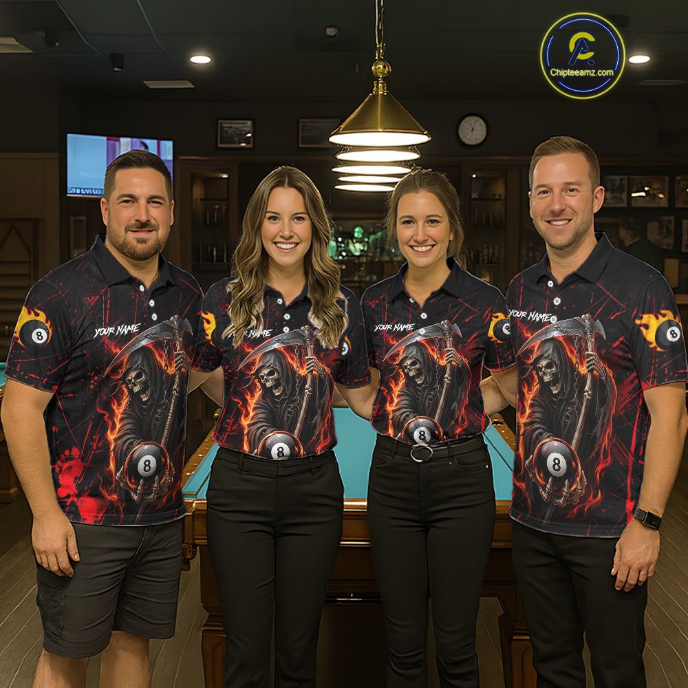 Fire Flame 8 Ball Pool Men Billiard Shirt Custom Red Grunge Grim Reaper Billiard Jersey For Pooler NYN3087