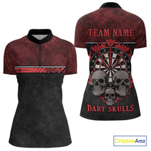 Load image into Gallery viewer, Women’s Custom Darts Shirt With Flaming Darts &amp; Skulls And Crimson Halftone Pattern NYN0314