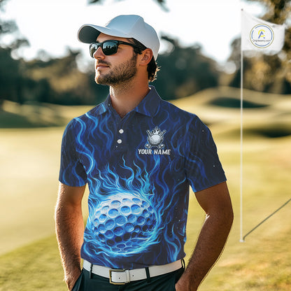 Mens Golf Polo Shirt Personalized Fire Flame Golf Ball Clothing Golf Tops For Golfers | Blue NYN3259