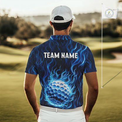 Mens Golf Polo Shirt Personalized Fire Flame Golf Ball Clothing Golf Tops For Golfers | Blue NYN3259
