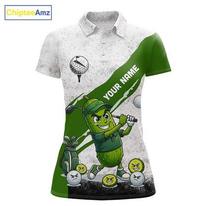 Funny Pickle Womens Golf Polo Team Shirt Custom Green And White Grunge Clothing Golf Tops NYN3261