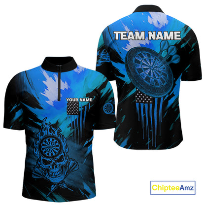 Custom Blue Grunge Skull Dartboard Patriotic Dart Men 1/4-Zip Jerseys US Flag Dart Shirt NYN1715