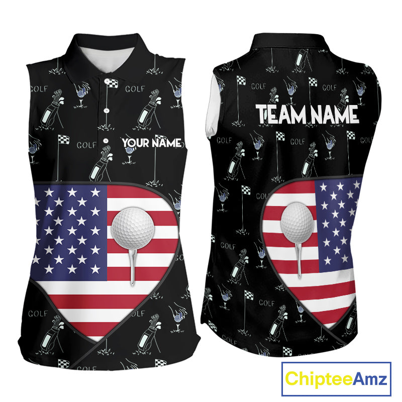 Personalized American Flag Womens Golf Sleeveless Polo Shirts Custom Patriotic Golf Ball Team Jerseys NYN3096