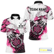 Load image into Gallery viewer, Custom Pink Grunge Eagle Scratch Dartboard men's darts polo shirt, personalized dart team jersey, custom dartboard polo, dart league apparel, tournament darts uniform, professional darts shirt