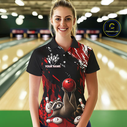 Female bowler smiling while wearing Funny Raccoon jersey representing curiosity, adaptability, teamwork, family fun, mascot-inspired bowling fashion.