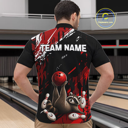 Female bowler smiling while wearing Funny Raccoon jersey representing curiosity, adaptability, teamwork, family fun, mascot-inspired bowling fashion.