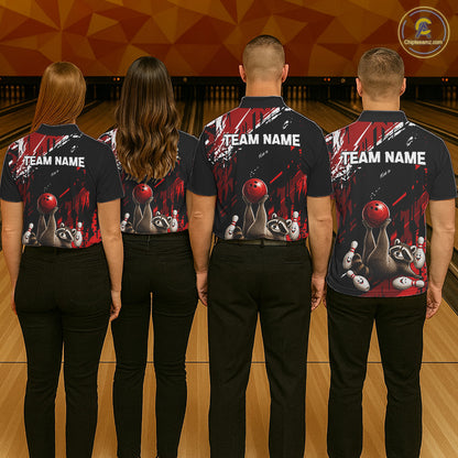 Bowling team wearing matching Funny Raccoon jerseys featuring personalized names, mascot-inspired uniforms, family bowling league apparel, friendship, teamwork, corporate team building, championship spirit.