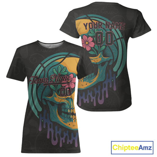 Custom Colorful Skull Flower Baseball Halloween T-Shirt For Women Outfits Baseball Shirts NYN1470